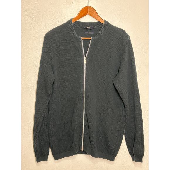 ASCOT 100% Cotton Reverse Waffle Knit Full Zip Cardigan Sweater S Black Preppy - Picture 1 of 12